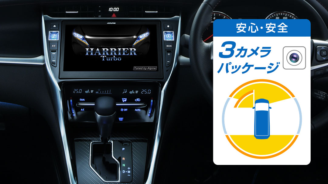 ハリアー専用 10型カーナビ ビッグX セーフティー 3カメラパッケージ
(フロントカメラ:グリル取付け / バックカメラ色:ホワイト)