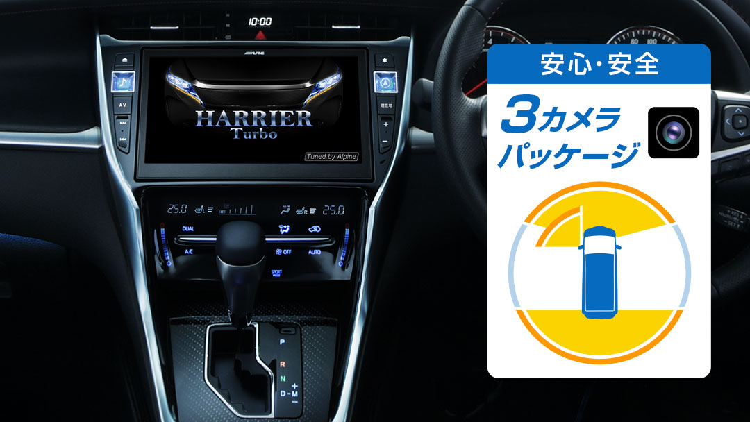 ハリアー専用 10型カーナビ ビッグX セーフティー 3カメラパッケージ
(フロントカメラ:グリル取付け / バックカメラ色:ブラック)